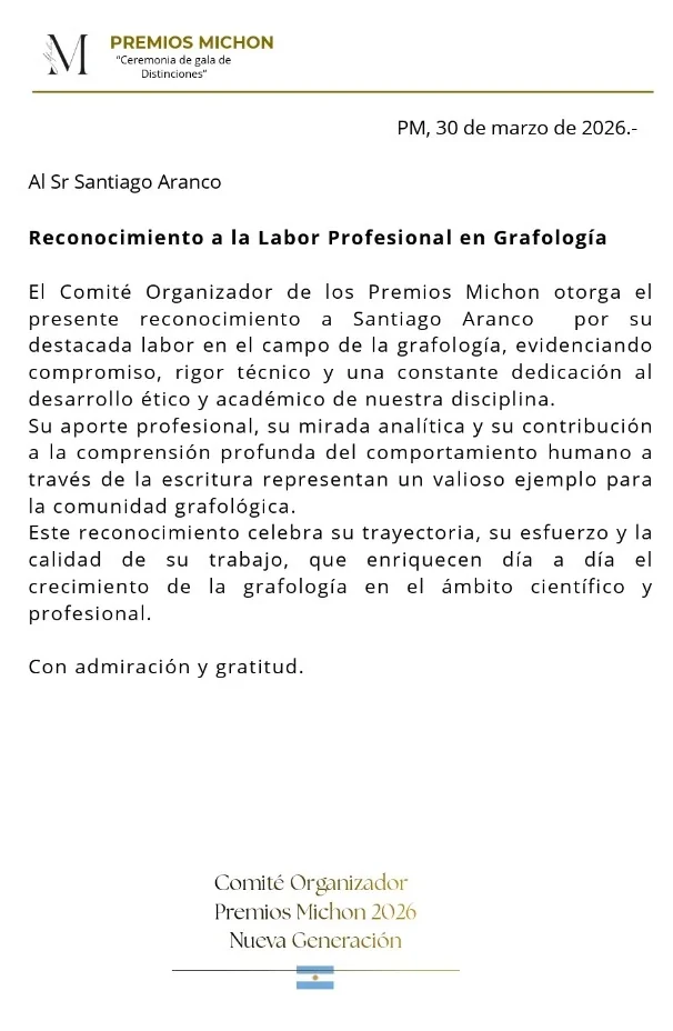 Carta de reconocimiento a la labor profesional en Grafología, Premios Michon 2026